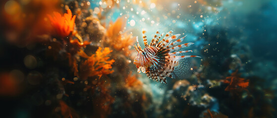 Obraz premium underawater macro detail of a lion fish, with empty copy space, 
