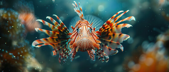underawater macro detail of a lion fish, with empty copy space, 