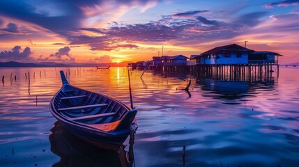 Fototapeta premium A vibrant sunrise over a fishing village, with colorful skies, scattered clouds, and boats anchored in the calm sea.