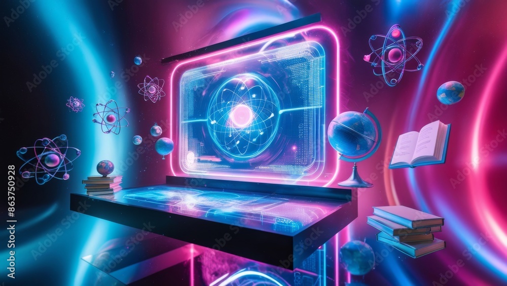 Poster futuristic abstract background, futuristic holographic interface and educational icons floating in t