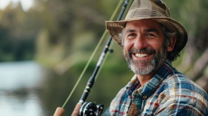 Fototapeta premium Happy mature man fishing by a lake.