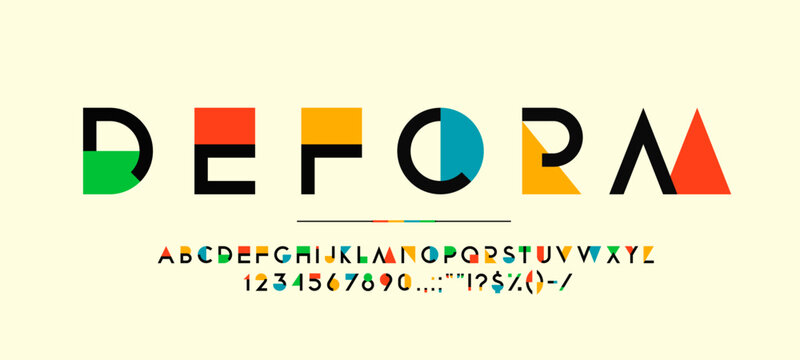 Color geometry font, modern art type, creative english alphabet typeface vector typography set. Rainbow geometric shapes abc with abstract letters and numbers of colorful triangles, squares, circles