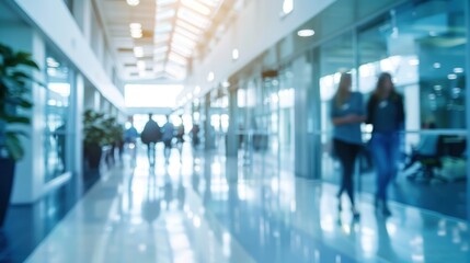 A blurred background of a wide passageway in a modern office building, with people walking and interacting