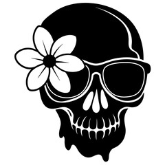 Black  melting skull,  wearing sunglass, and head one side hibiscus  flower white background, black and white silhouette 