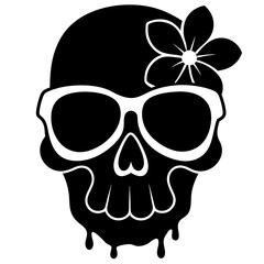 Black  melting skull,  wearing sunglass, and head one side hibiscus  flower white background, black and white silhouette 