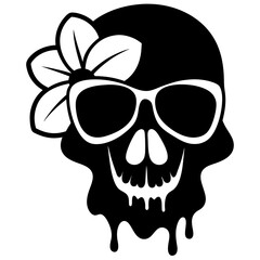 Black  melting skull,  wearing sunglass, and head one side hibiscus  flower white background, black and white silhouette 