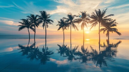 Fototapeta premium Luxury pool sunset, palm tree silhouette with windy infinity pool water surface. Summer vacation, holiday template. Stunning sky, beachfront hotel resort at tropical landscape tranquil. Amazing island