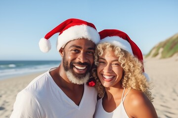 Obraz premium Couple Wearing Holiday Hats on a Tropical Beach