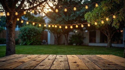 Obraz premium Empty Wood table top with decorative outdoor string lights hanging on trees in the garden at sunset time, blue, rad, green, yellow..