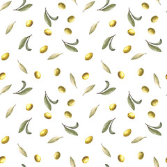 Olive fruits, berries with green leaves seamless pattern. Watercolor hand drawn botanical food illustration. Nature clipart for oil label, packing, fabric, wallpaper print on isolated white background