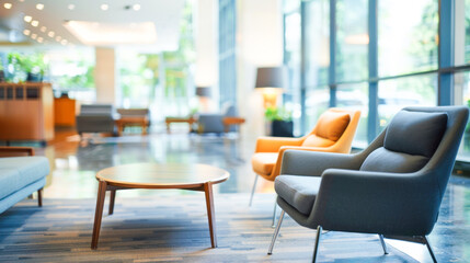 A fully blurred background of a lounge area in an office, featuring comfortable seating and moden