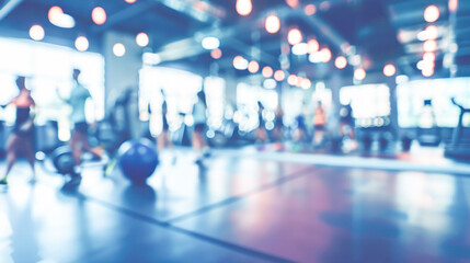 An abstract background of a group exercise room with blurred participants and studio lights