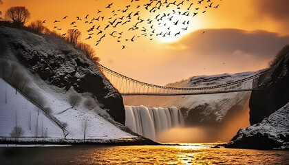 Landscape of a beautiful bridge on a river with water fall and birds flying and sun setting 