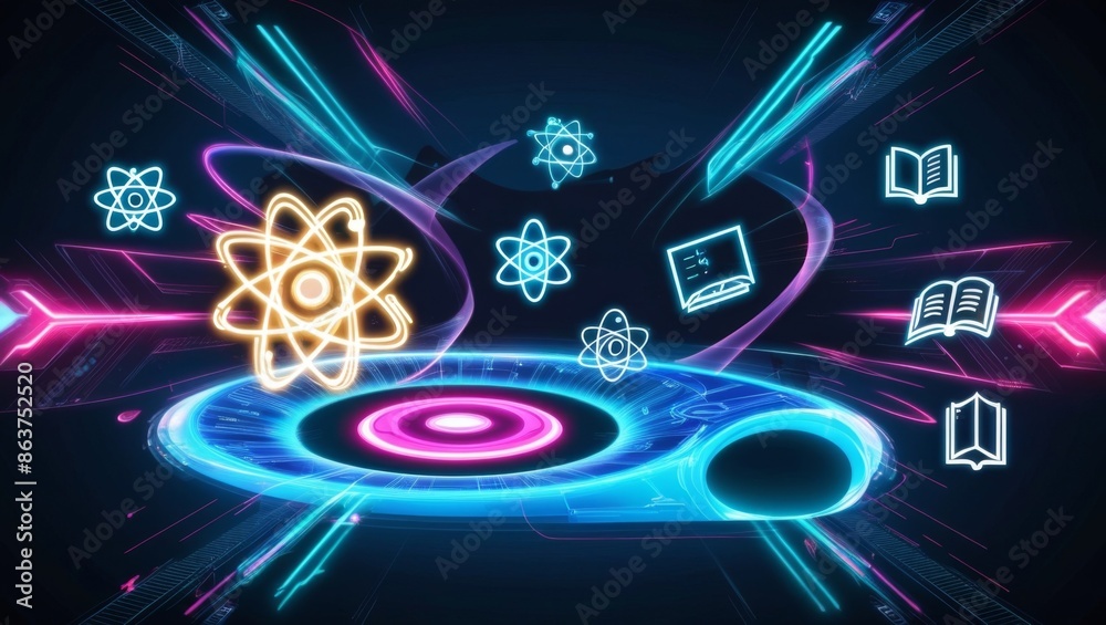 Poster futuristic abstract background, futuristic holographic interface and educational icons floating in t