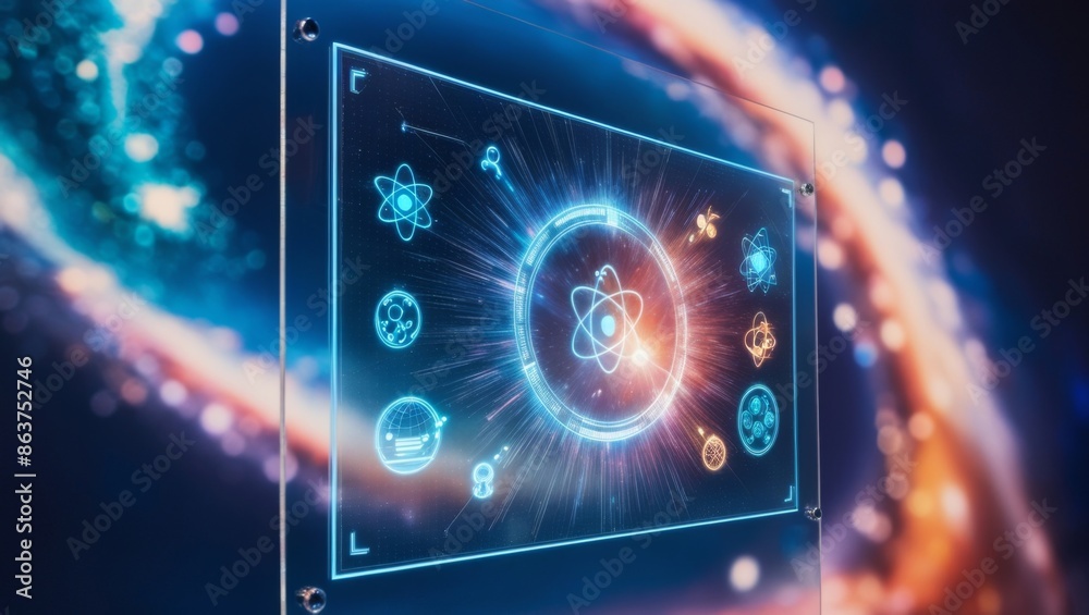 Poster futuristic abstract background, futuristic holographic interface and educational icons floating in t