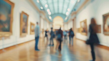 A blurred background of a wide museum hallway, with blurred exhibits and visitors admiring artworks