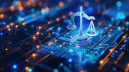 Futuristic justice, law judgement concept with glowing low polygonal balance scales isolated on dark blue background. Modern wire frame mesh design illustration.