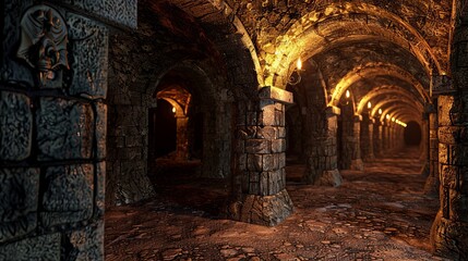 Fototapeta premium Ornate stone dungeon walls with archways under torchlight, revealing ancient construction.