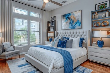 A chic modern bedroom with a king-sized bed featuring a tufted fabric headboard, layered white and blue bedding, and matching bedside tables with sleek table lamps. The room has hardwood floors.