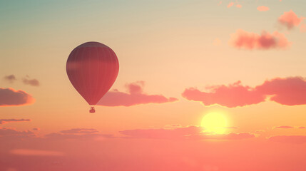 Fototapeta premium Hot Air Balloon Floats Above Clouds With Warm Light And Soft Pink Hues