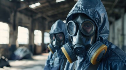 Naklejka premium Gas mask-wearing officers and technicians assess chemical spill damage in industrial warehouse for recovery and safety.