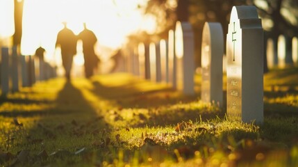 Veterans and families stroll through rows of gravestones at national cemetery on Memorial Day, honoring fallen soldiers. veterans Memorial Day