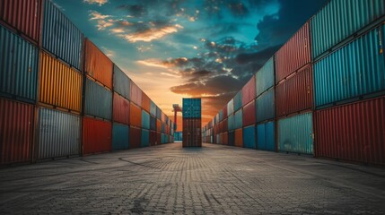 Fototapeta premium Optimize stacked cargo containers for storage, loading, unloading, and sorting at warehouse, enhancing cargo transportation efficiency.
