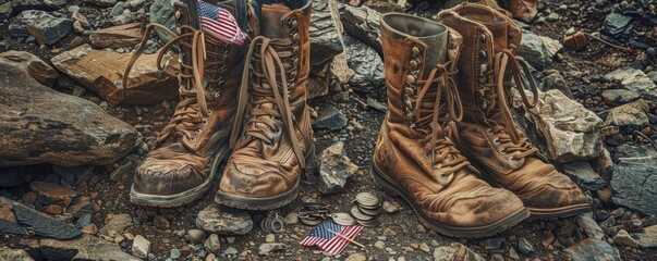 Patriotic remembrance tribute with aged military boots, dog tags, and American flags on rocky ground