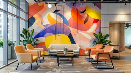 A modern office lounge area with designer Scandinavian furniture, a large abstract mural, and ambient lighting creating a welcoming atmosphere