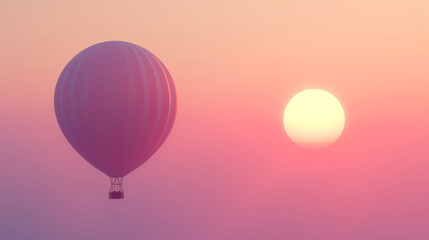 Fototapeta premium Hot Air Balloon Ascending Near Large Setting Sun In Soft Pink And Orange Sky