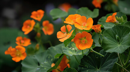 Orange nasturtium flowers in garden