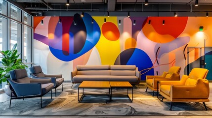A modern office lounge area with designer Scandinavian furniture, a large abstract mural, and ambient lighting creating a welcoming atmosphere
