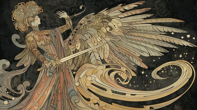 Andras An owlheaded angel with a sword, amidst a swirl of detailed and graceful motifs, Art Nouveau