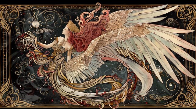 Astaroth A crowned angel riding a dragon, surrounded by intricate and flowing Art Nouveau designs, Art Nouveau