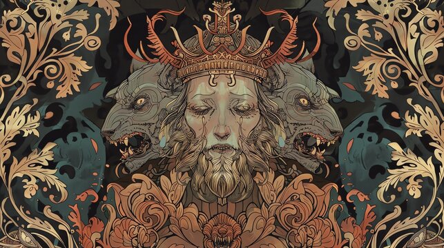 Baal An elegant demon king with three heads human, toad, cat and a regal crown, surrounded by intricate Art Nouveau floral patterns, Art Nouveau