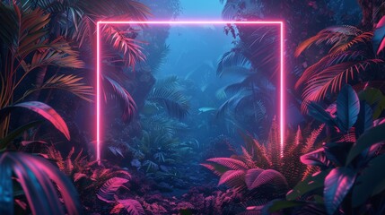A dynamic illustration showcasing a neon-lit frame encasing an exotic jungle landscape, with intricate details of tropical foliage and vibrant hues.