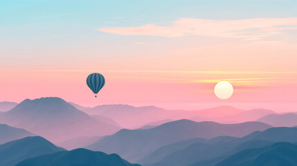 Fototapeta premium Hot Air Balloon Over Blue Mountains With Pastel Pink And Blue Sky