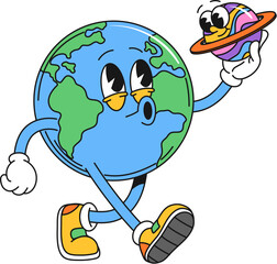 Cartoon Earth planet retro groovy space character walking while holding a small saturn in hand. Isolated vector globe personage has a surprised expression, capturing the essence of a fun and curiosity © Buch&Bee