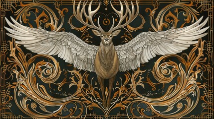 Furfur A winged hart stag, surrounded by intricate and flowing designs, Art Nouveau