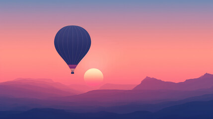 Fototapeta premium Hot Air Balloon Above Blue Mountain Peaks At Soft Pink Sunrise