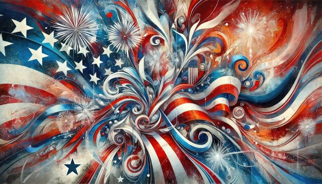 Dynamic Abstract American Flag with Fireworks for Independence Day Celebration, 2024 Summer Olympics