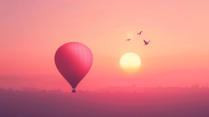 Fototapeta premium Hot Air Balloon And Birds Floating Above City During Soft Pink Sunrise
