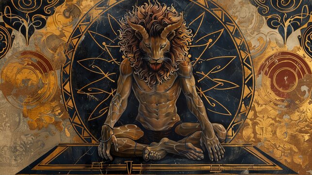 Marbas A lionheaded demon with a human body, seated regally, with ornate geometric and floral designs, Art Nouveau