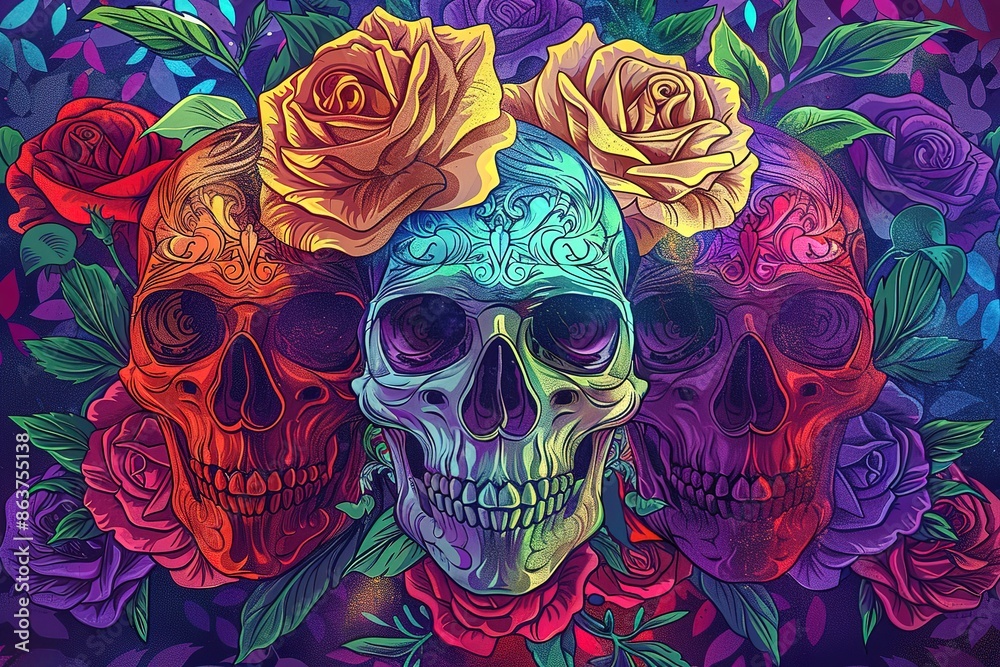 Wall mural Day of the dead beautiful colorful illustration, sugar skull decorated with flowers