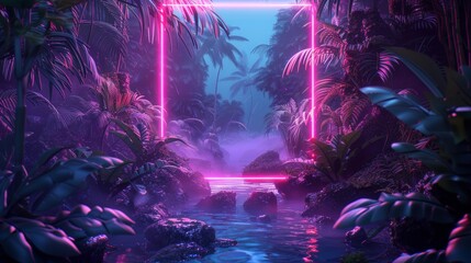 A futuristic 3D illustration of a neon frame surrounding a tropical jungle, with neon animals and plants integrated into the scene. The neon lights give the image a high-tech and imaginative look.