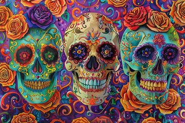 Day of the dead beautiful colorful illustration, sugar skull decorated with flowers