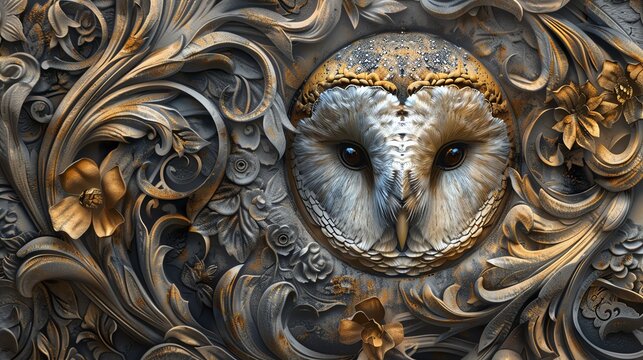 Stolas A crowned owl, amidst a swirl of detailed and graceful floral motifs, Art Nouveau