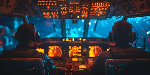 Pilots operate submarine with new technology against abstract background. Concept Pilots, Submarine, New Technology, Abstract Background, Exploration