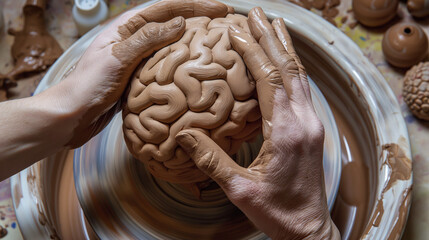 Artist's hands sculpting clay into an intricate brain model on a pottery wheel to illustrate learning and craftsmanship.