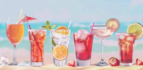 Three mixed drinks garnished with paper umbrellas, set on a beach with palm trees. Relaxing oceanside scene.